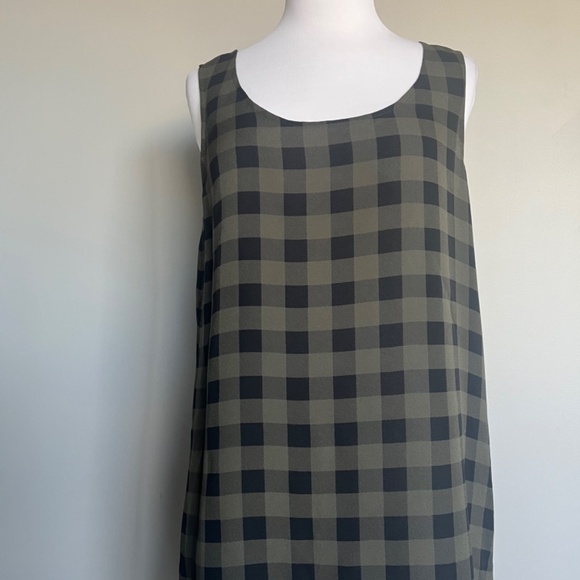 Eileen Fisher Olive Plaid Silk Tank Mini Shift‎ Casual High Low Tunic Dress - Picture 4 of 13